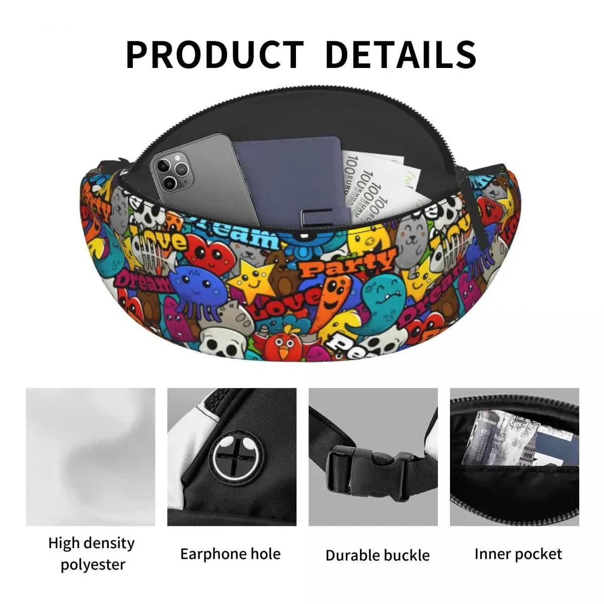 Personagens personalizados de moda Graffiti Fanny Pack, Cartoon Skull Fanny Pack para viagens, caminhadas, Crossbody Waist Bag, Phone Money Pouch para mulheres e homens