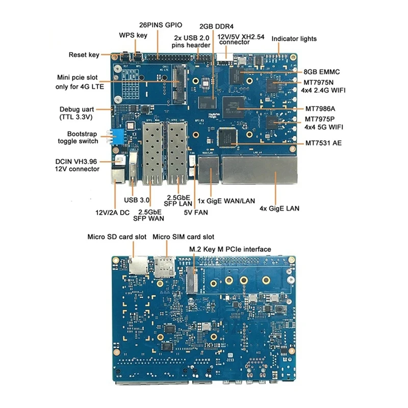 For Banana PI BPI-R3 MT7986 2GB+8GB EMMC 2XSFP Router Development Board With 256G SSD+Heat Sink+2Xantennas+Power