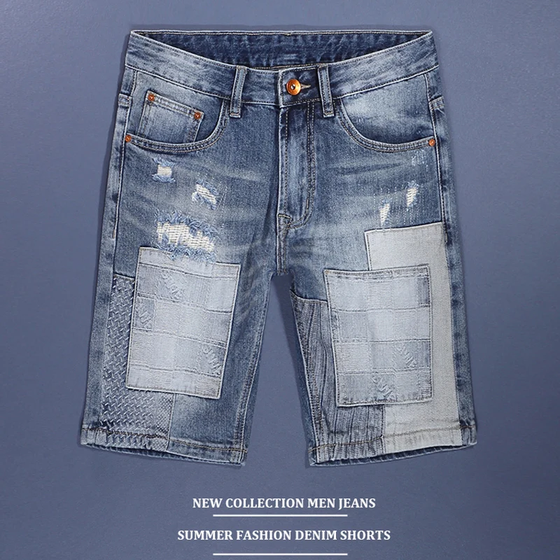 Summer Designer Fashion Men Jeans Retro Washed Blue Stretch Slim Fit Ripped Short Jeans Homme Patched Hip Hop Denim Shorts Men