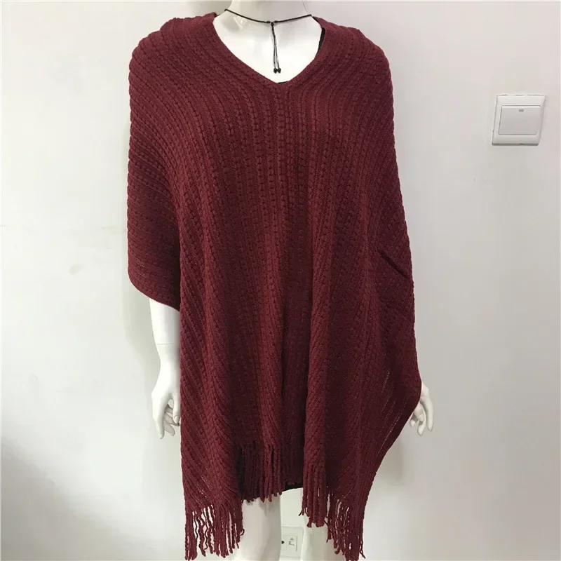 

Spring Autumn Pullover Sweater Knitwear Geometric Splicing Loose Poncho Cape Women Coat Cloak Shawl Sunscreen Red Shawl