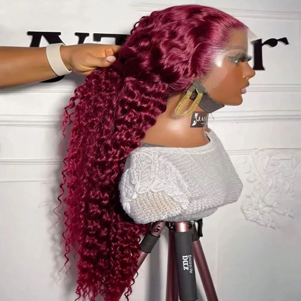 

Burgundy 99J Deep Wave Glueless Wig Brazilian Human Hair 13x6 HD Lace 36 Inch Pre Plucked 250 Density Curly Wig For Women