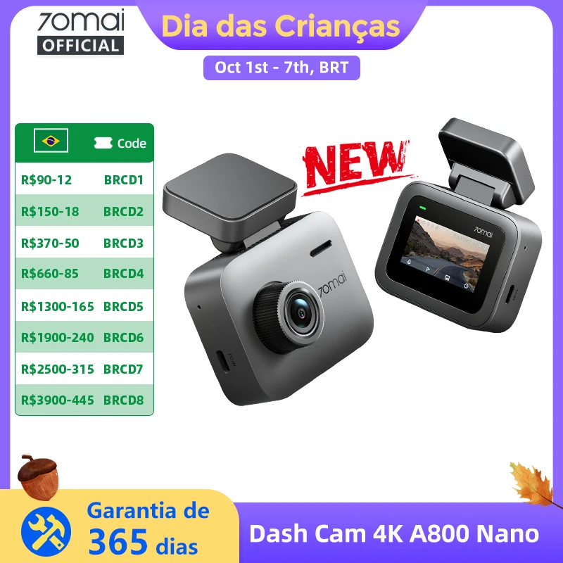 Câmera de painel 70Mai A800 Nano True 4K HDR com 140 ° Câmera Veicular Fov, Abertura F1.55, Wi-Fi 6, Supercondensador, 70Mai A800, Corpo Nano Compacto