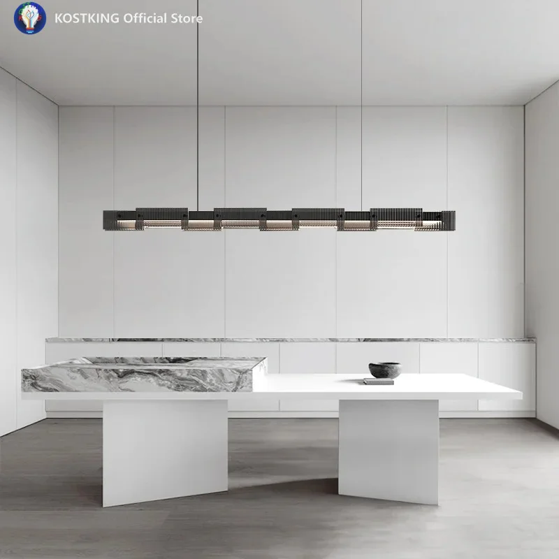Black Linear Pendant Light Chandelier for Long Dining Table Office Bar Modern Striped Glass Chandelier above Kitchen Island