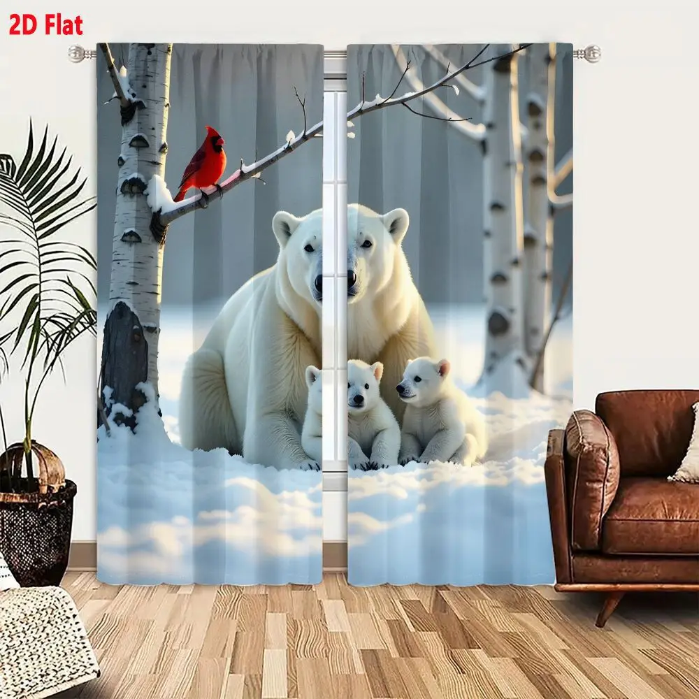 2Pcs Curtains 2D Flat Serene Winter Snowy Forest Scene With Adult And Cubs Polar Bears And Red Cardinal Bird On Birch Tree Windo