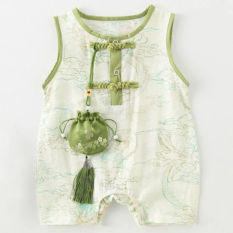 

Комплекты из 2 предметов, летние комбинезоны для мальчиков, костюм для младенцев, хлопковые комбинезоны без рукавов с милым принтом в китайском стиле + сумка, товары для новорожденных B111