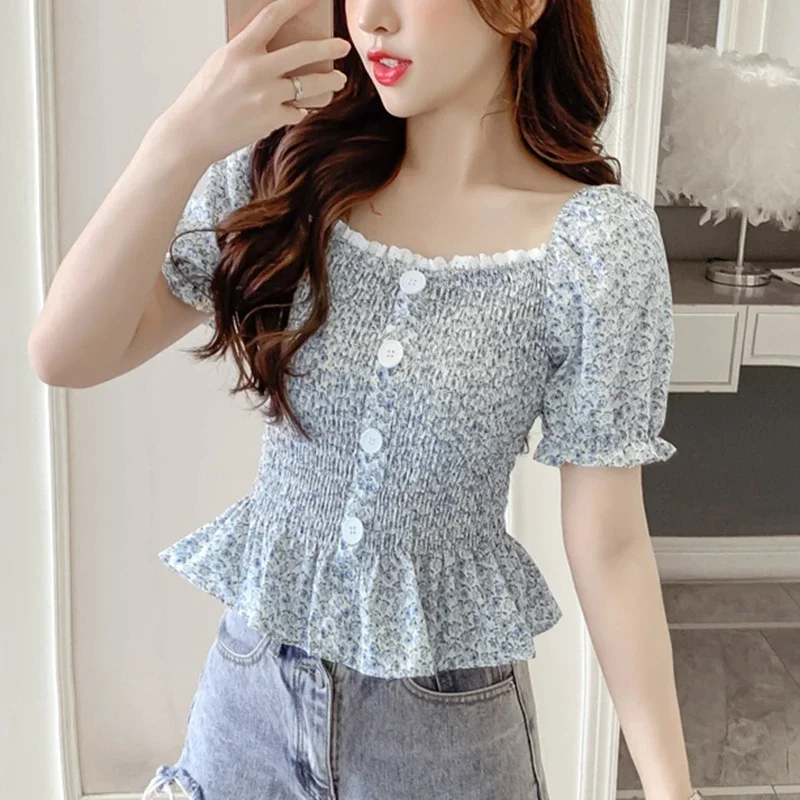 Women Summer Puff Sleeve Tops 2024 Fashion Vintage Lace Floral Printed Chiffon Shirts French Casual Bustier Corset Top Blouse XL