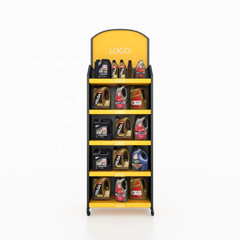 Custom. direct hot sell metal stand movable motor lubricating oil product lubricants display rack with wheel