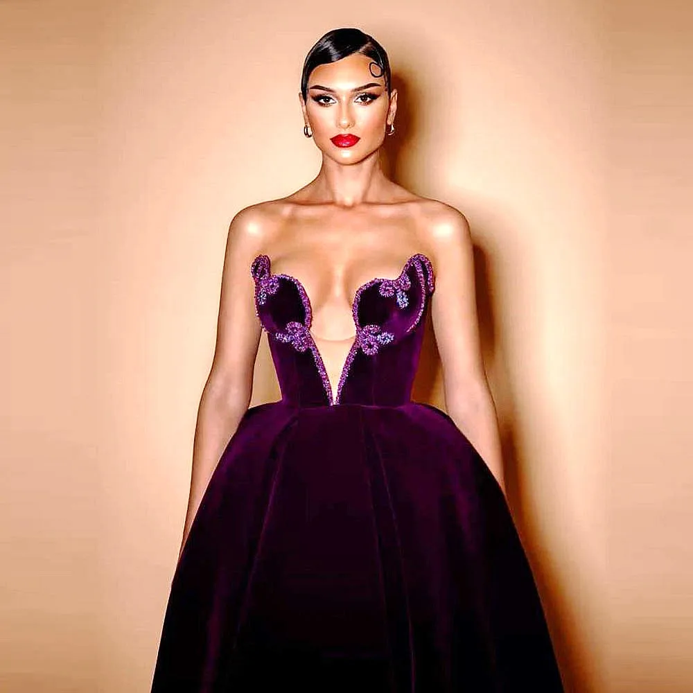 Paars fluwelen galajurken lieverd kralen pailletten een lijn corset rug avondjurk