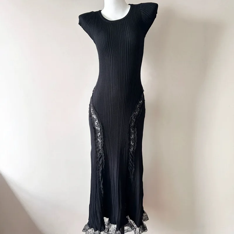 Abito Estivo da Donna Nuovo Stile alla Moda in Maglia a Maniche Corte con Pizzo, Elegante Vestito Lungo Aderente Femminile per Feste e Uso Quotidiano