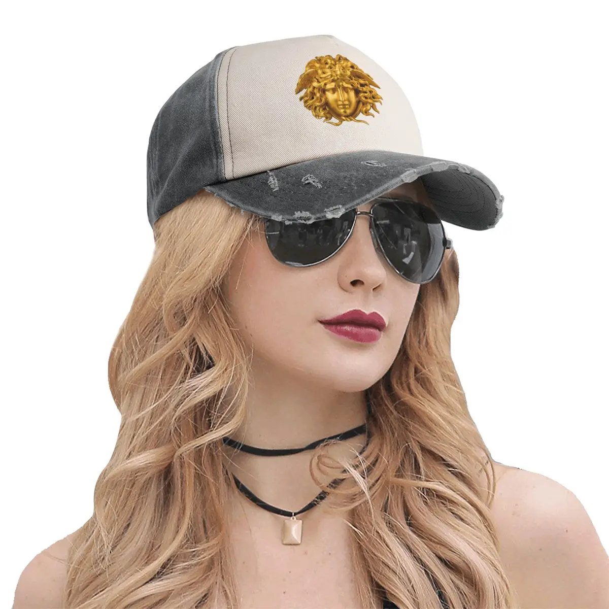 Elegant And Chic French Golden Haired Baseball Cap Accessories Vintage Distressed Denim Mythological Greek Medusa Dad Hat Unisex