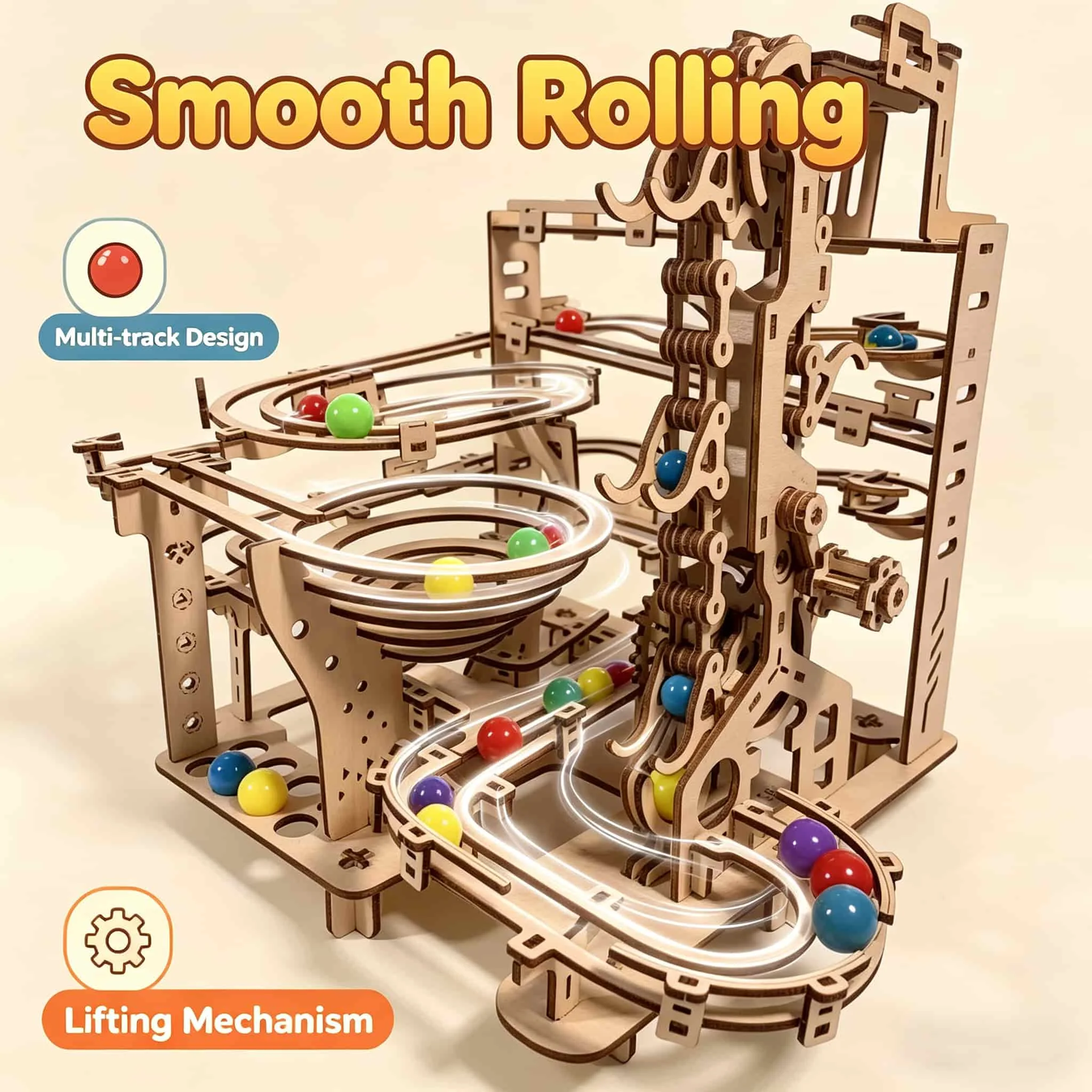 Mechanical Marble Run 3D Wooden Puzzle Model Kit | DIY Gear-Driven Ball Track Maze—A Gift for Adults and Teens