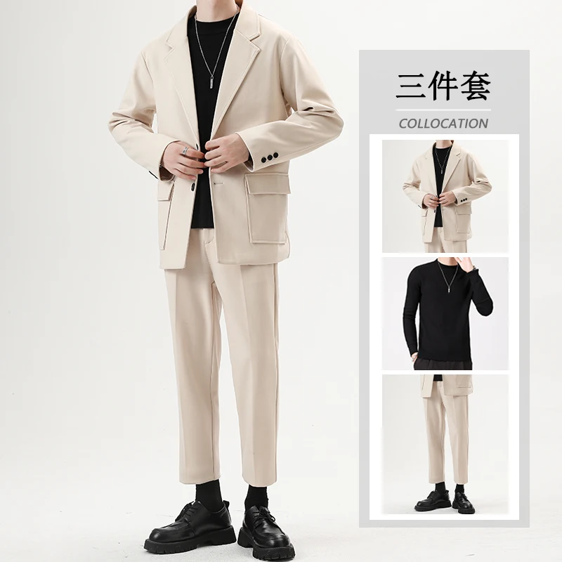 2023Autumn and winter new men's tweed (suit + jumper + trousers) set gangly handsome three pieces high-end light mature wind