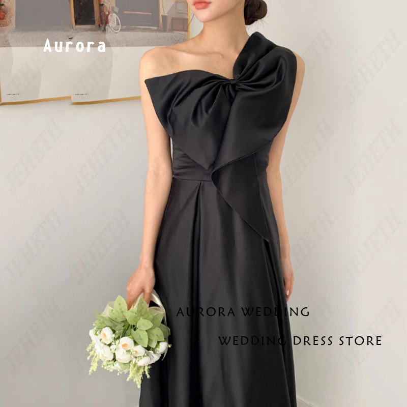 Schwarze One Shoulder Korea Style Brautkleider für Frauen Bogen falte Satin Brautkleider elegante ärmellose rücken freie Mayor 드레스 a-Linie