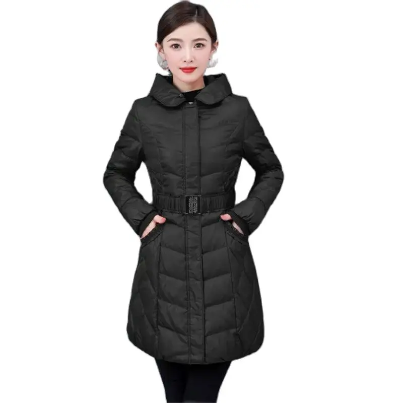 Winter Mid-Long Down Cotton Jacket Women 2023 New Loose Hooded Coat Pure Colour Fashion Girdle Outerwear Parka Overcoat Female