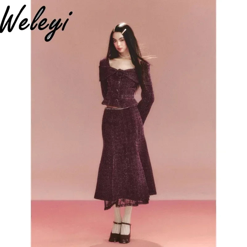 Sweet Purple Thickened Waist Cropped Jackets Female Autumn and Winter New Temperament Original Mid-length Fishtail Skirt Sets