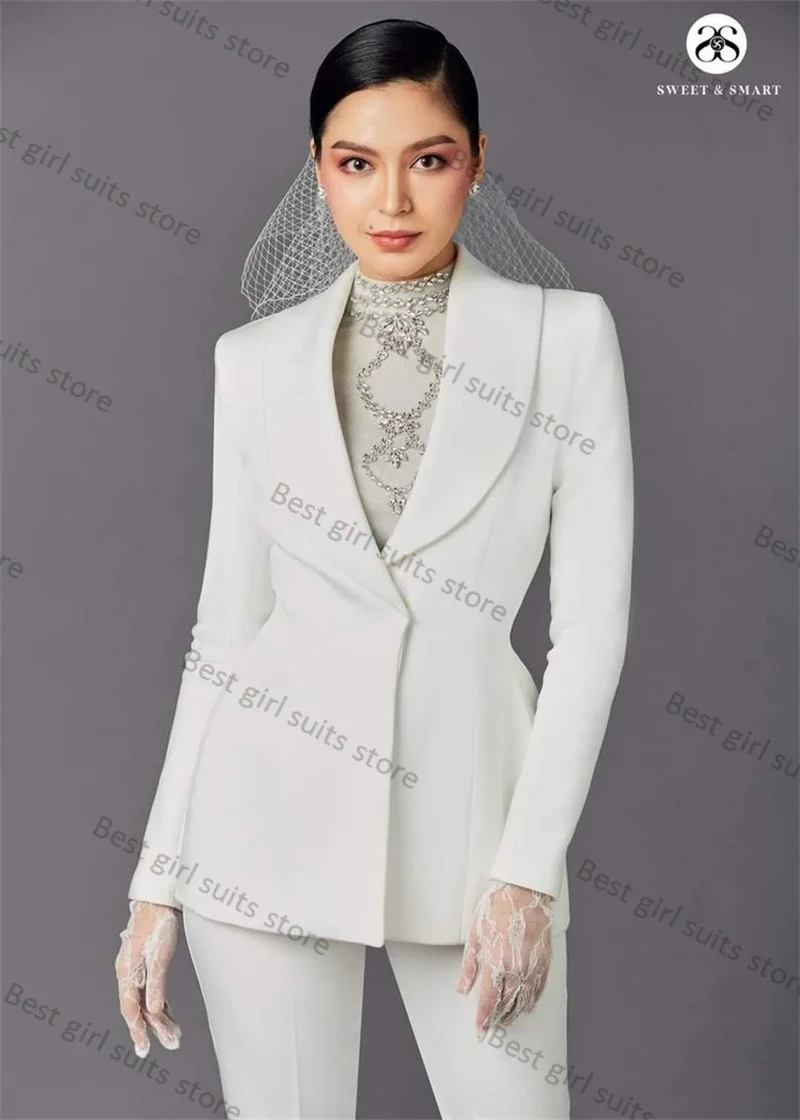 White Cotton Women Suits Pants Set 2 Piece Blazer With Long Train+Trouser Formal Office Lady Jacket Customized Wedding Prom Coat