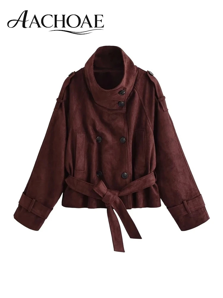 AACHOAE Women Faux Suede Jacket Belted Double Breasted Cropped Trench Coat Oversized Elegant Casual Autumn Winter Outerwear