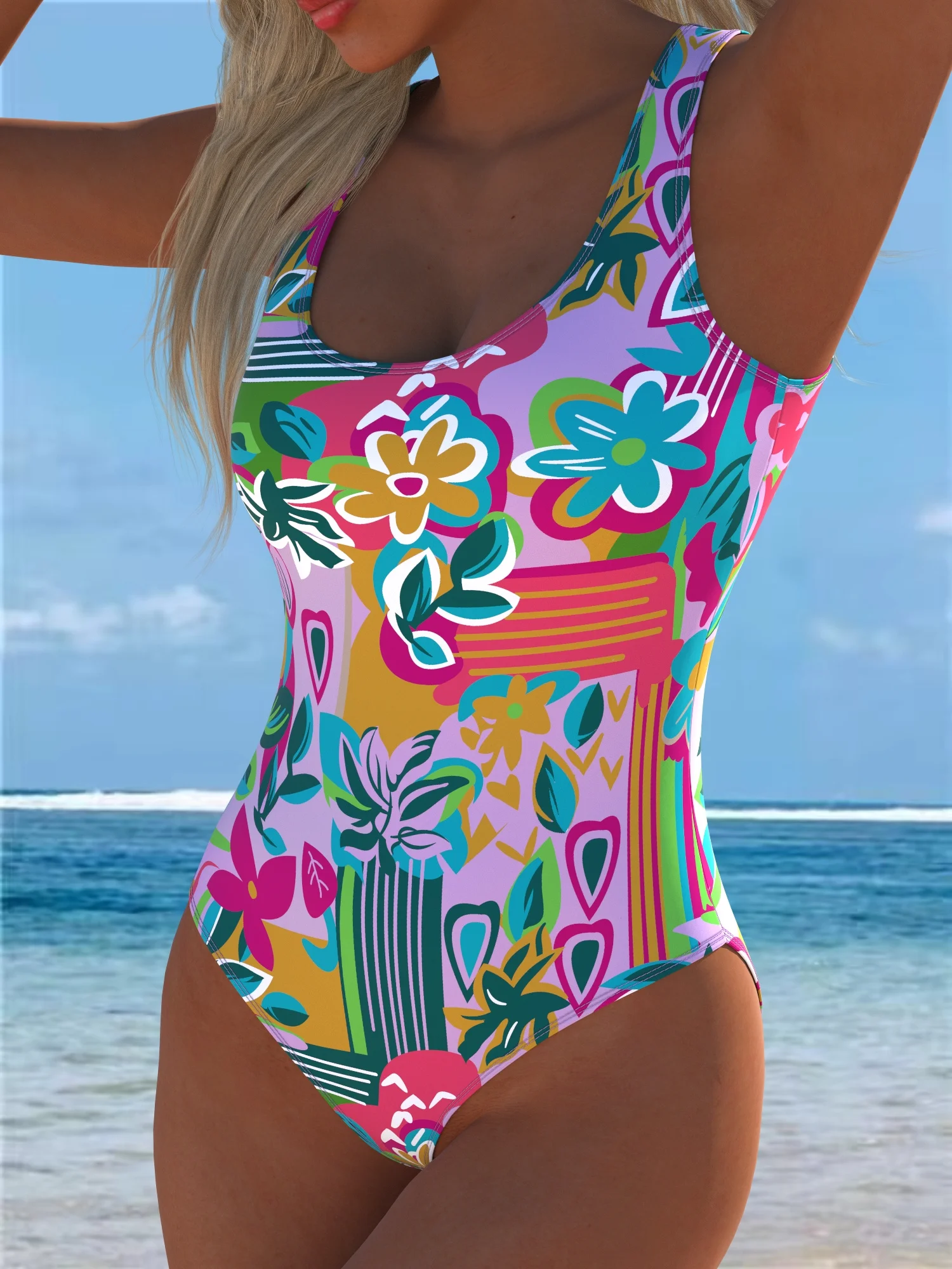 Women'S Vibrant Random Print One-Piece Swimsuit - Sporty And Chic, High Stretch One-Piece Swimsuit
