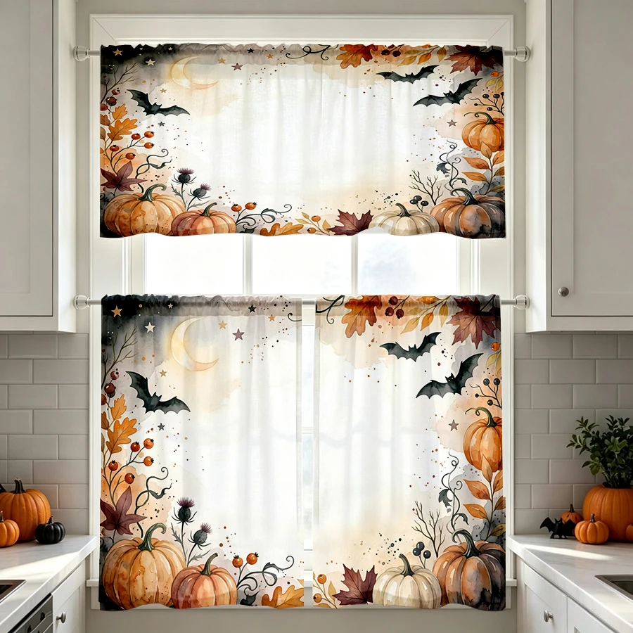 Halloween Fall Kitchen Curtains, Pumpkin Maple Border, Digital Print, Kitchen Dining Room, Rod Pocket Polyester, Home Decor