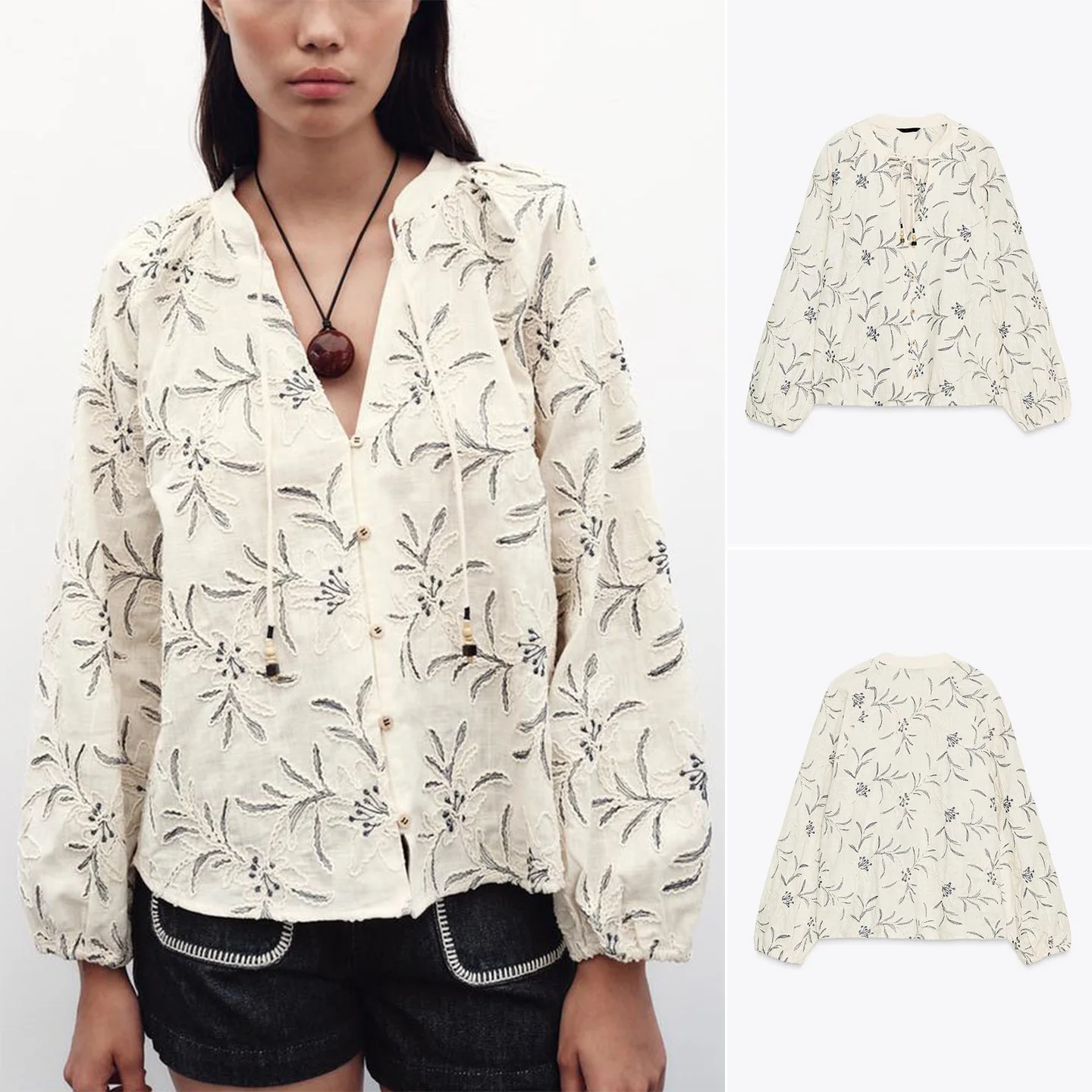 

Autumn New Arrival Women's irt V-ne Long Sve Embroidered Beaded Trim Denim Structure Breathable Loose Fit Polyester