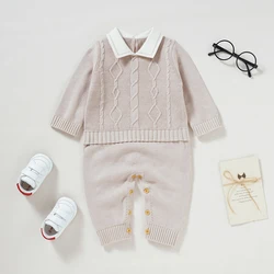 Newborn Baby Romper 100%Cotton Knit Infant Boy Jumpsuit Outfit Solid Toddler Clothing Fashion Turn-down Collar One Piece Overall