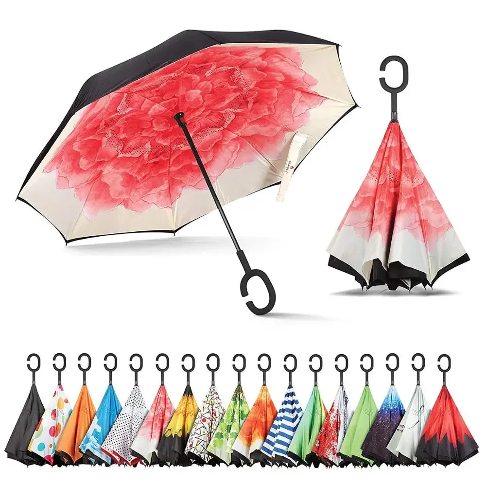 C Handle Windproof Reverse Folding Umbrella Man Women Sun Rain Car Inverted Umbrellas Double Layer Anti UV Self Stand Parapluie