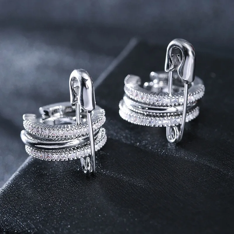 

Hot-selling three-ring pin ear clips removable design light luxury fashionable personalized super flash zircon earrings