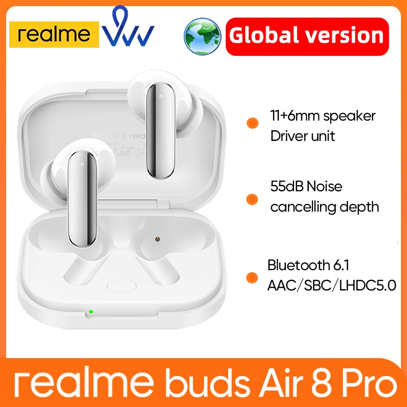 글로벌 버전 realme Buds Air 8 Pro TWS 무선 이어폰 블루투스 6.1 55dB 노이즈 캔슬링 딥 헤드폰