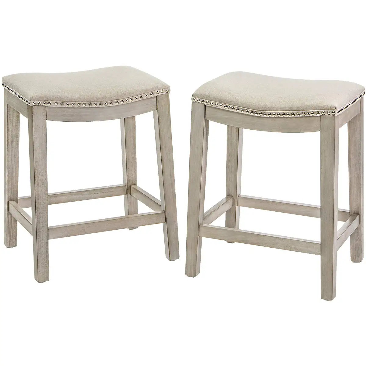 

Set of 2 Bar Stools Beige 24" Saddle Backless Premium Padded Indoor/Outdoor Nailhead Cushion Kitchen Counter Chairs Pub Seat Foo