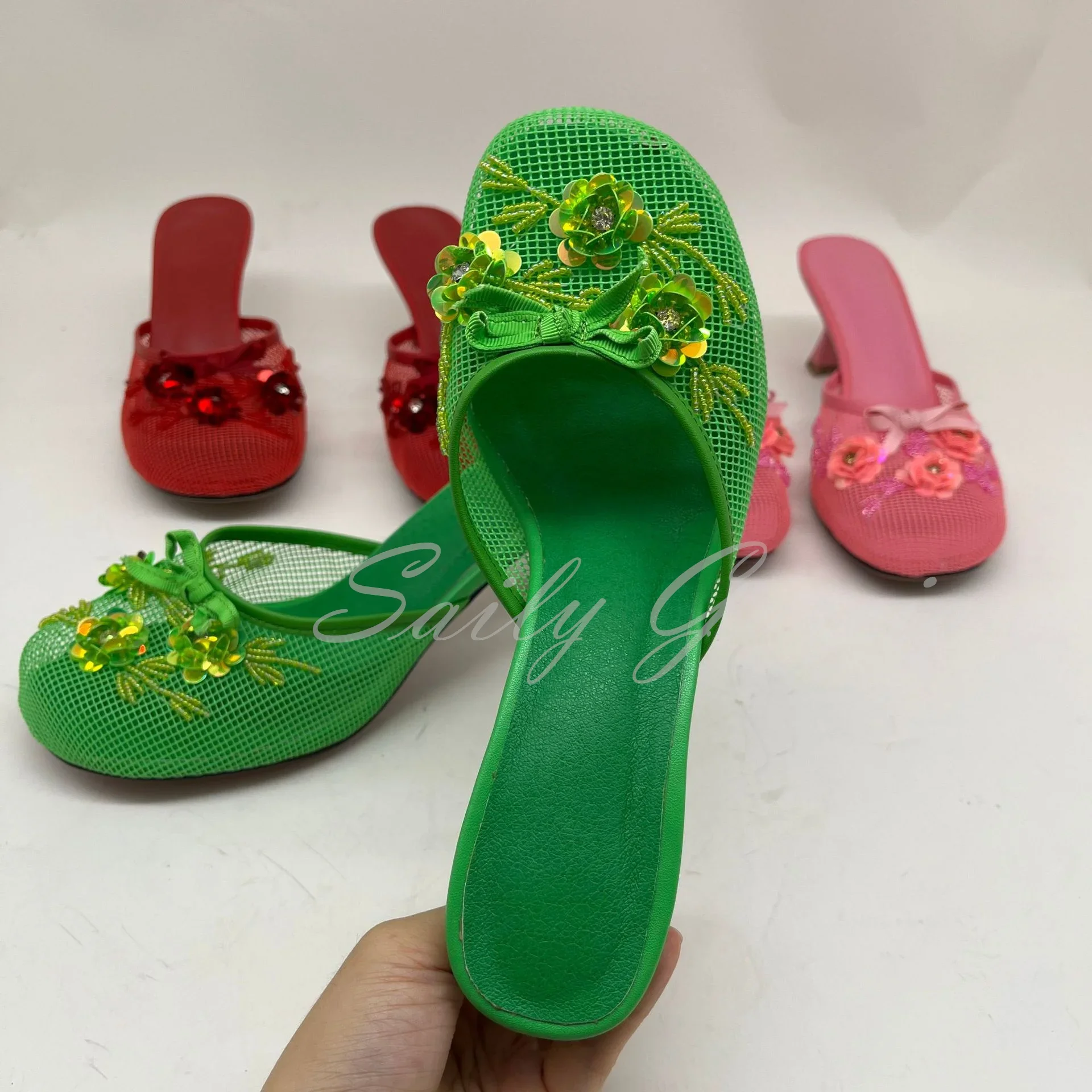 Pink Mesh Sequin Slide Beaded Chinese Slippers Floral Embellished Shoes Summer Round Toe Wine Glass Heel Black Low Heel Mules