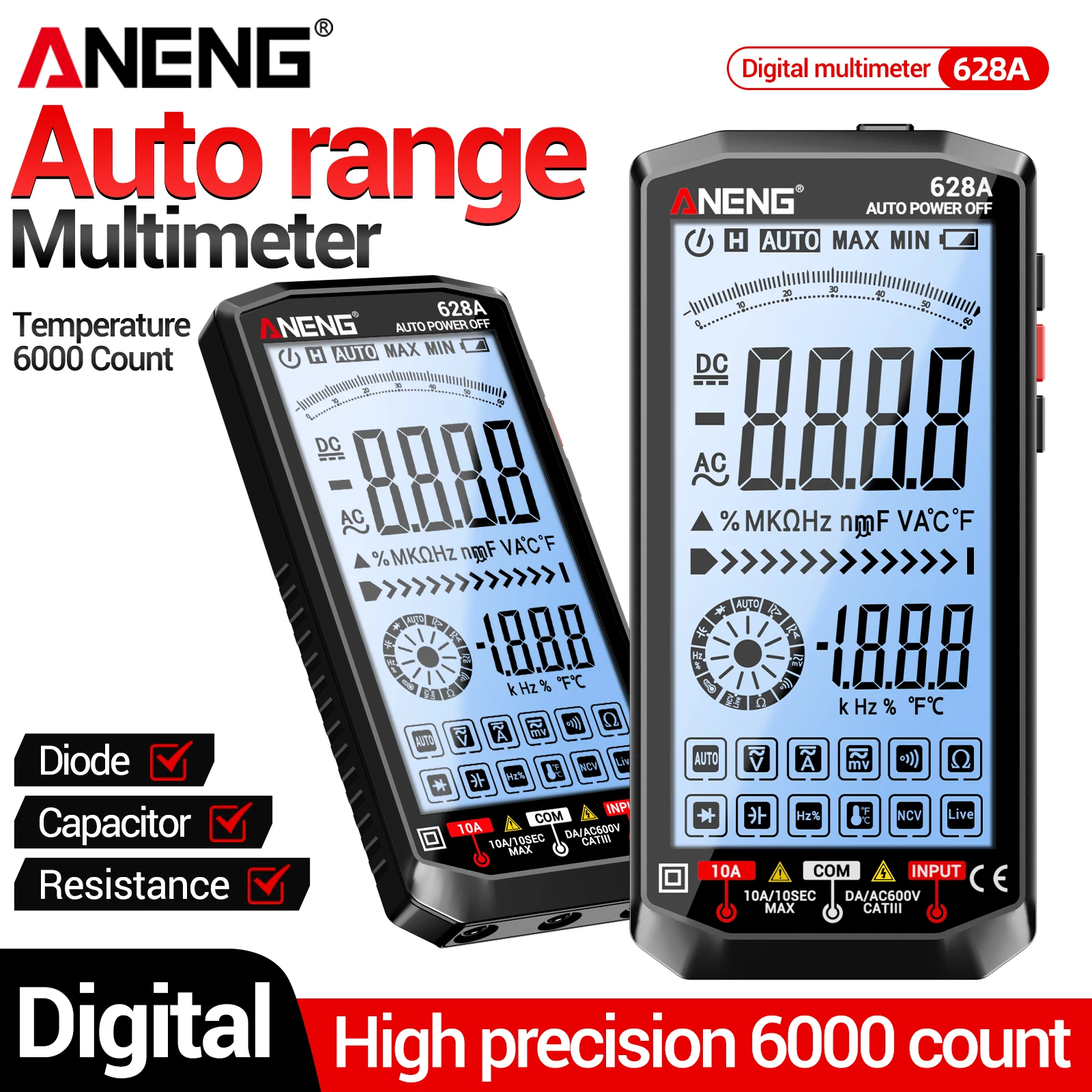 Smart Digital Multimeter Tester ANENG 628A AC/DC Voltage Current Resistance Capacitance Temperature NCV Backlit Electrician Tool