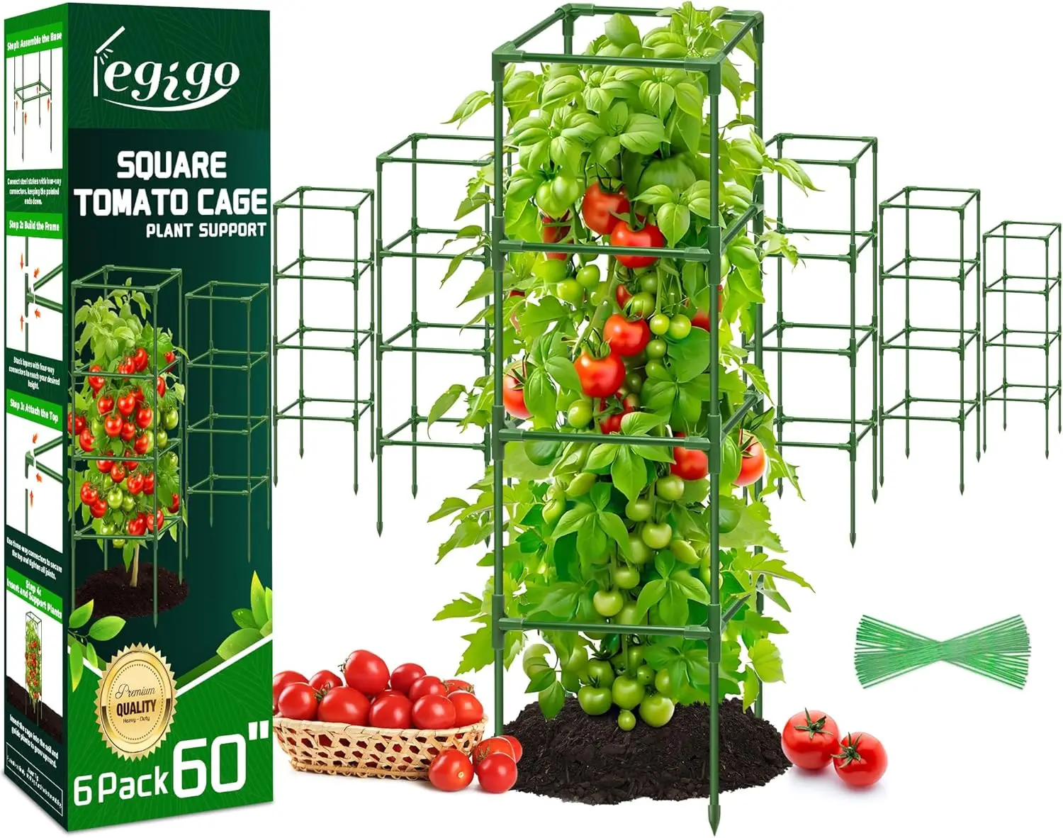 

6 Pack Square Tomato Cages - 60 Inch Heavy Duty Trellis for Climbing Plants, Garden Support Stakes for Vegetables
