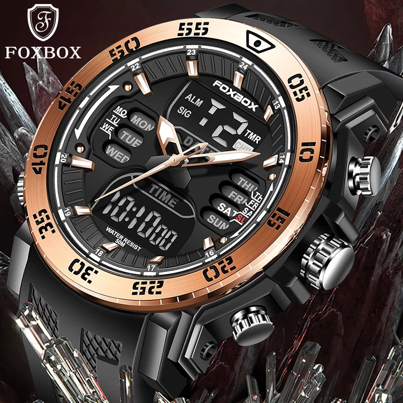 

FOXBOX New LED Backlight Alarm Chronograph Wrist Watches For Men Fashion Business Digital Men Watch Diver Luminous Watch Clock