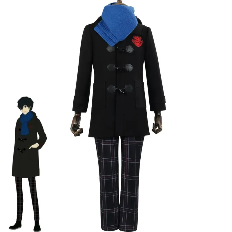 Game Amamiya Ren Cosplay Costume JOKER Winter Black Hooded Loose Coat Overcoat Scarf Uniform Wig Man Christmas Suit cm;5
