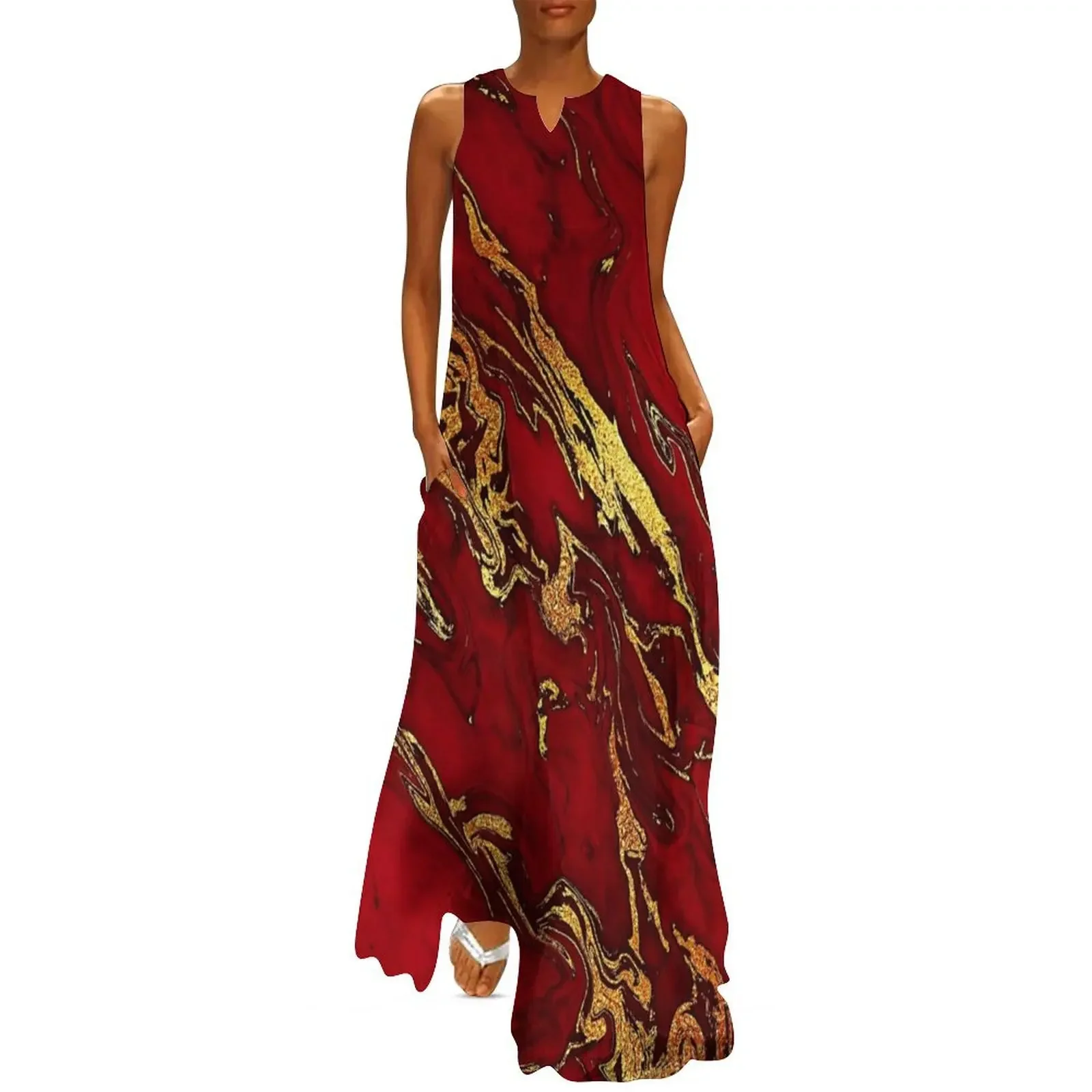 

Faux Fire Red And Gold Marble Long Dress cute dress wedding guest dress 2025 birthday dresses for women