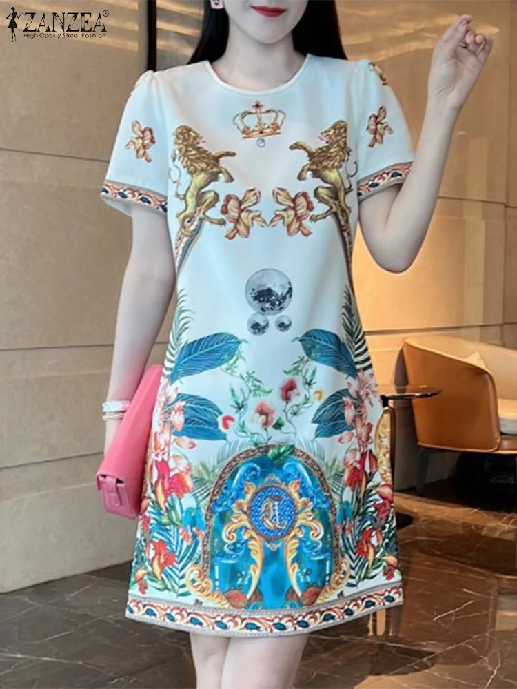 

2024 ZANZEA Summer Floral Printed Dress Stylish Work Vestidos Women O Neck Short Sleeve Party Sundress Bohemain Holiday Dresses