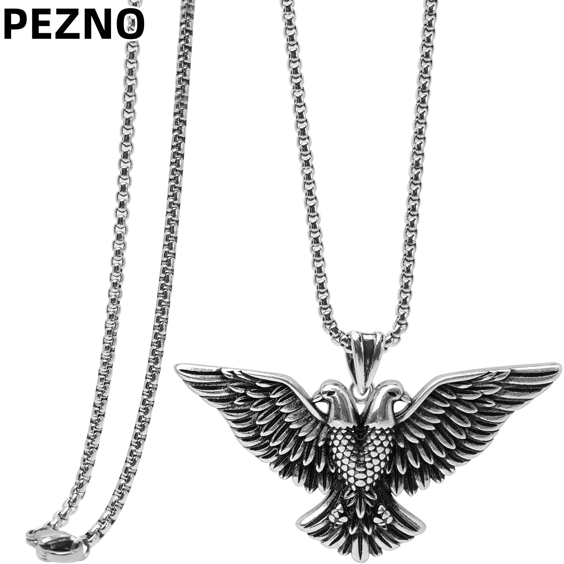 

PEZNO Stainless Steel Double Head Eagle Pendant Necklace | Gothic Biker Jewelry for Men | Vintage Amulet Gift