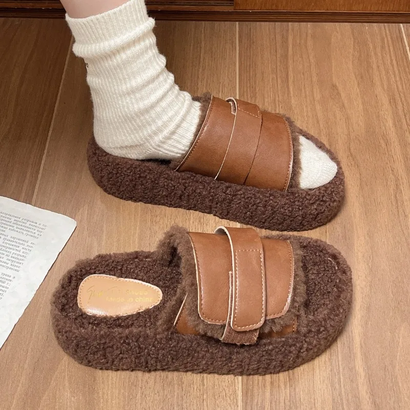 

Women Flats Fur Slippers Platform Casual New Shoes 2025 Trend Fashion Woman Open Toe Flip Flops Cozy Winter Brand Slides Zapatos