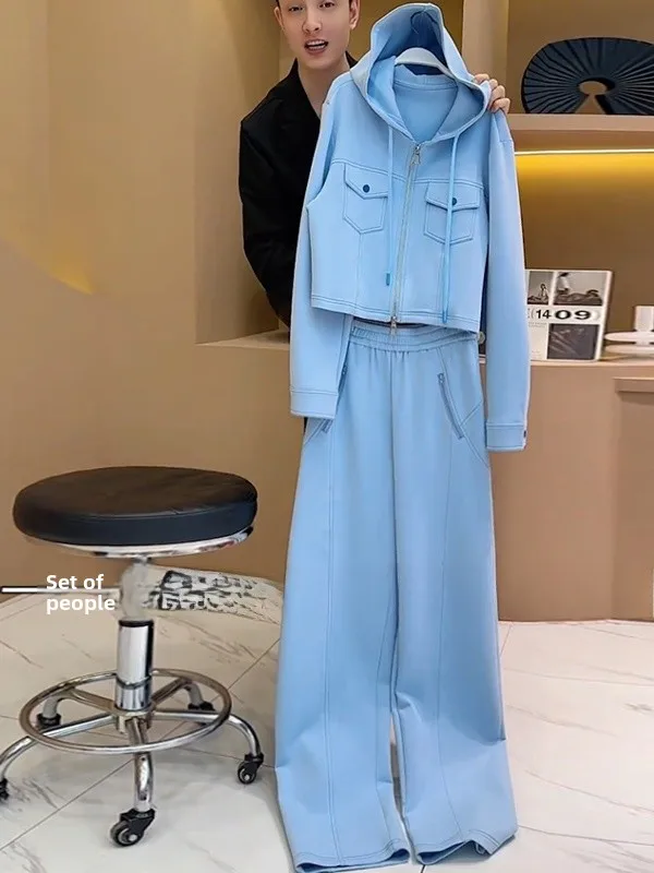 

Salt Series Casual Sports Set Women's Blue Jacket Top Wide Leg Pants Two Piece Set Age Reduction Trendy Autumn Wear
