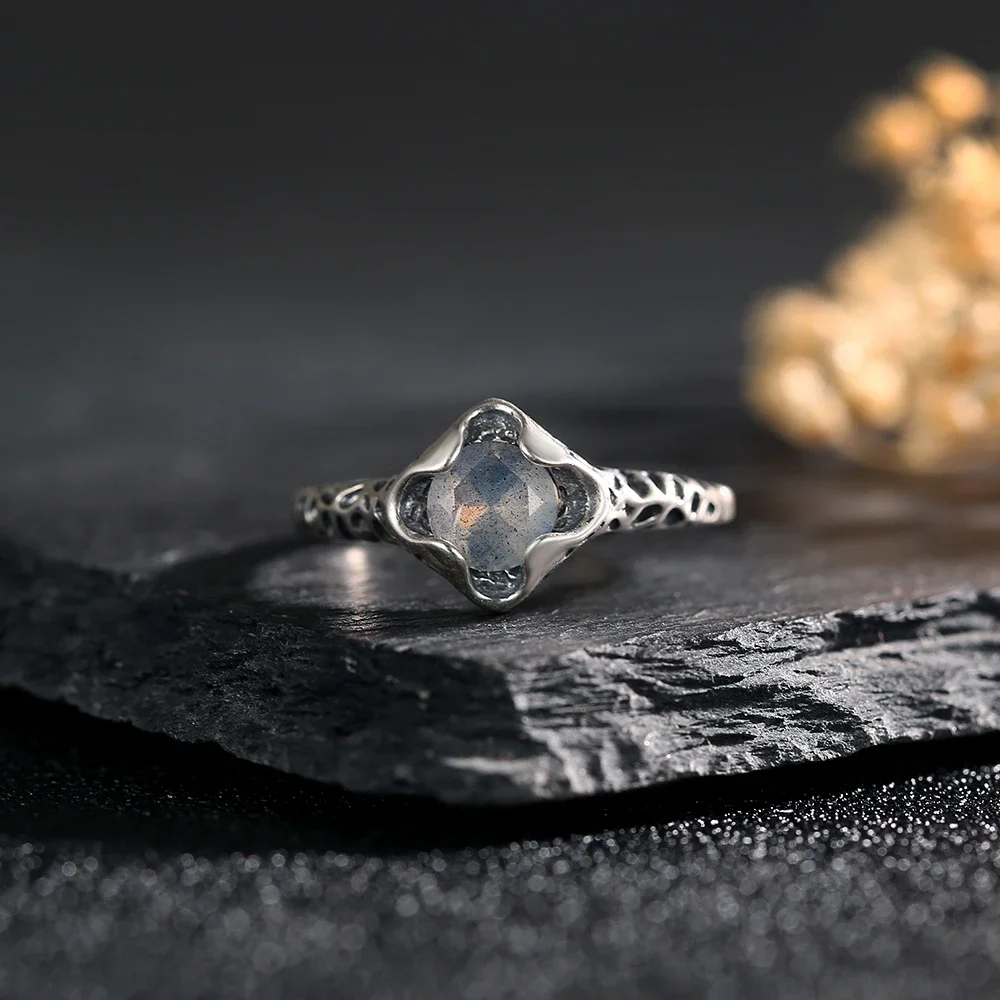 Genuine 925 Silver Ring for Women Natural Moon Stone Faceted Cut Gemstone Ring Leopard Pattern Design Adjustable Bands Jewelry