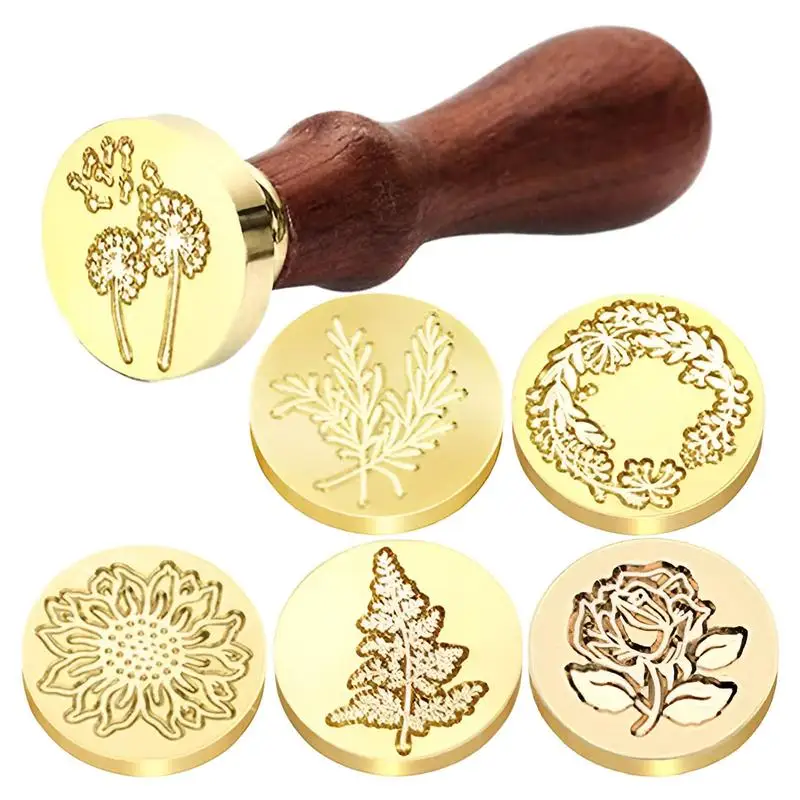 Floral Wax Seal Set 6 Flower Pattern Wax Seal Stamp For Crafting Wooden Handle Stamp Kit For Wedding Invitations Brass Head For