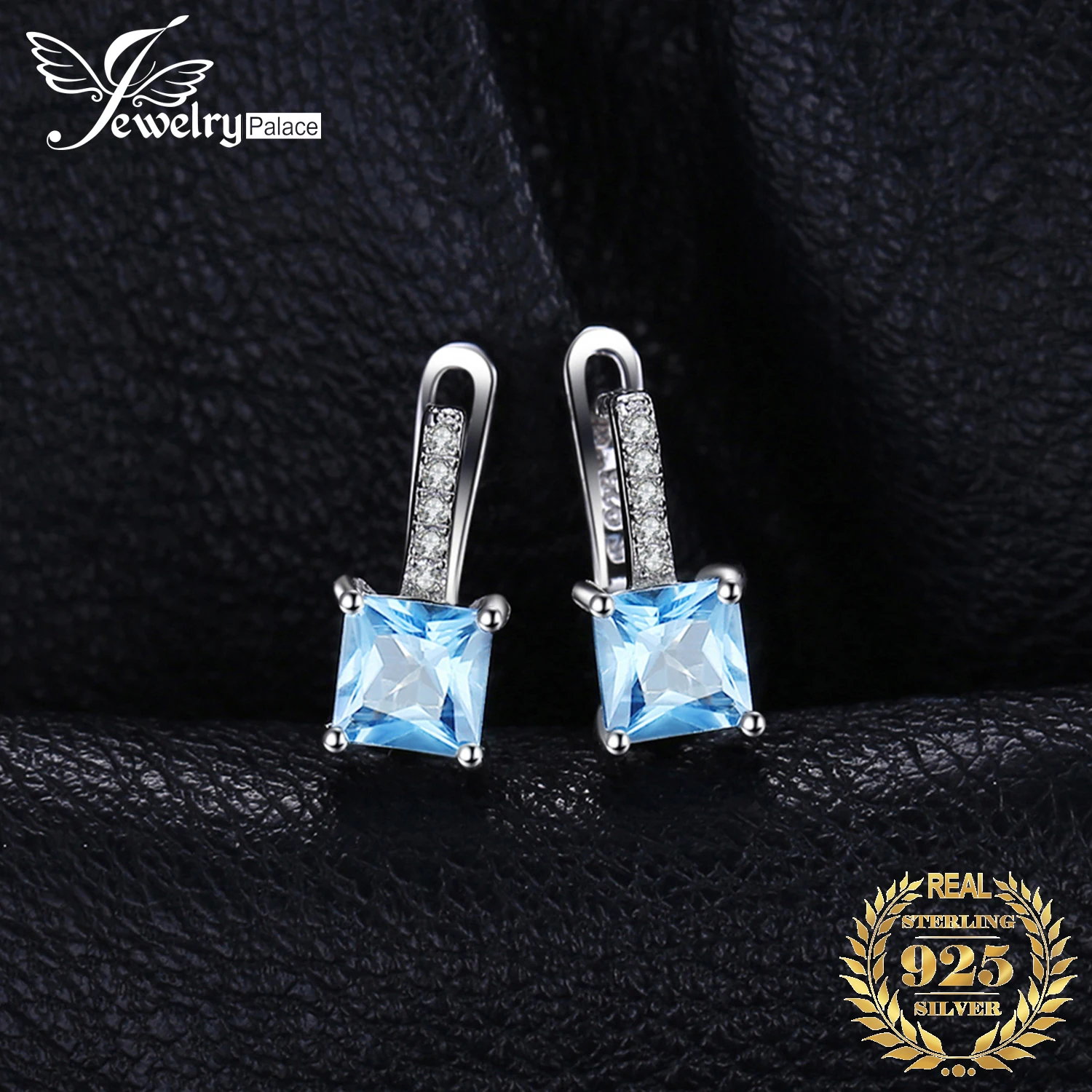 JewelryPalace 1.4ct Princess Cut Sky Blue Topaz 925 Sterling Silver Hoop Earrings for Woman Fashion Wedding Anniversary Gift