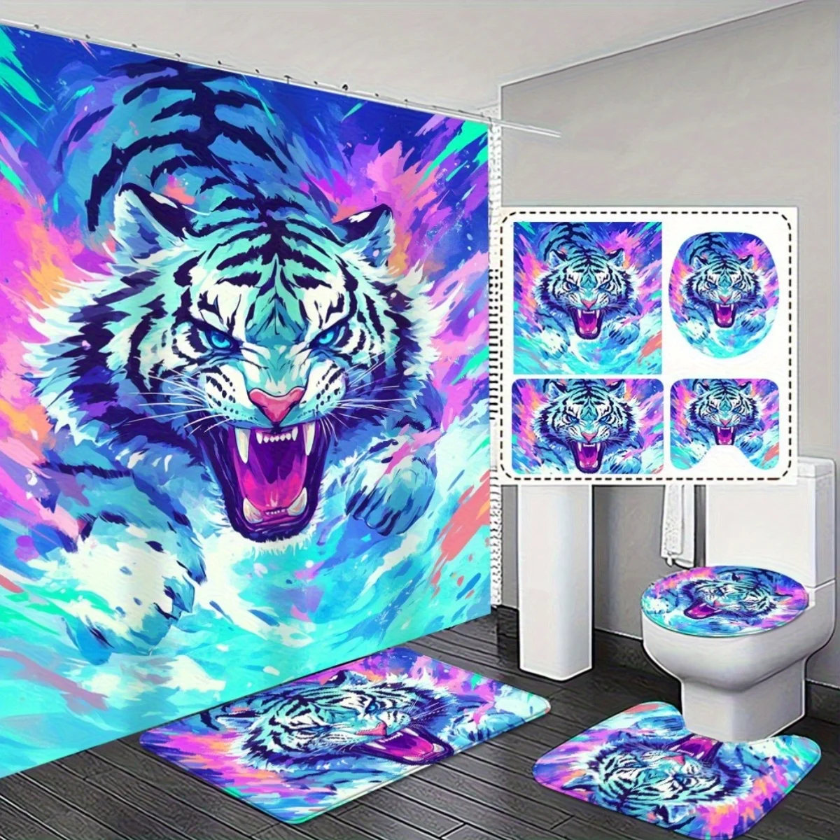 

4pcs Exquisite Tiger Print Waterproof Shower Curtain and Non-Slip Bathroom Rug Set, Polyester, Woven, Abstract Arts Pattern,