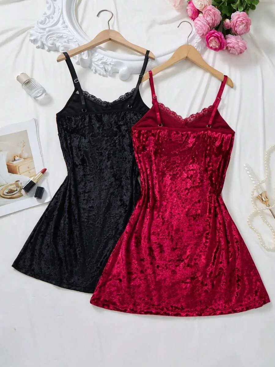 Christmas Diamond Velvet Lace Bow Camisole Night Dress Women Romantic Sleep Lingerie
