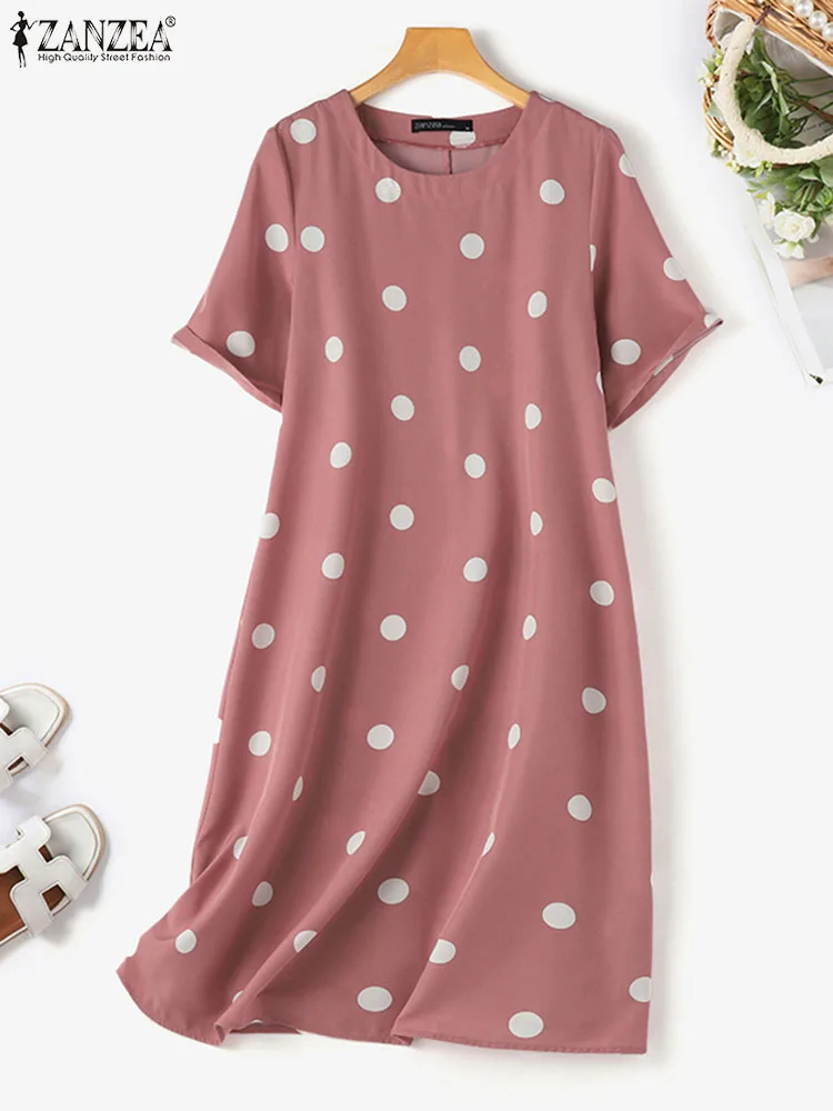 

ZANZEA Elegant Short Sleeve Short Robes Women Casual Dots Print Dress 2024 Summer Loose Vestidos Solid Baggy Round Neck Dresses