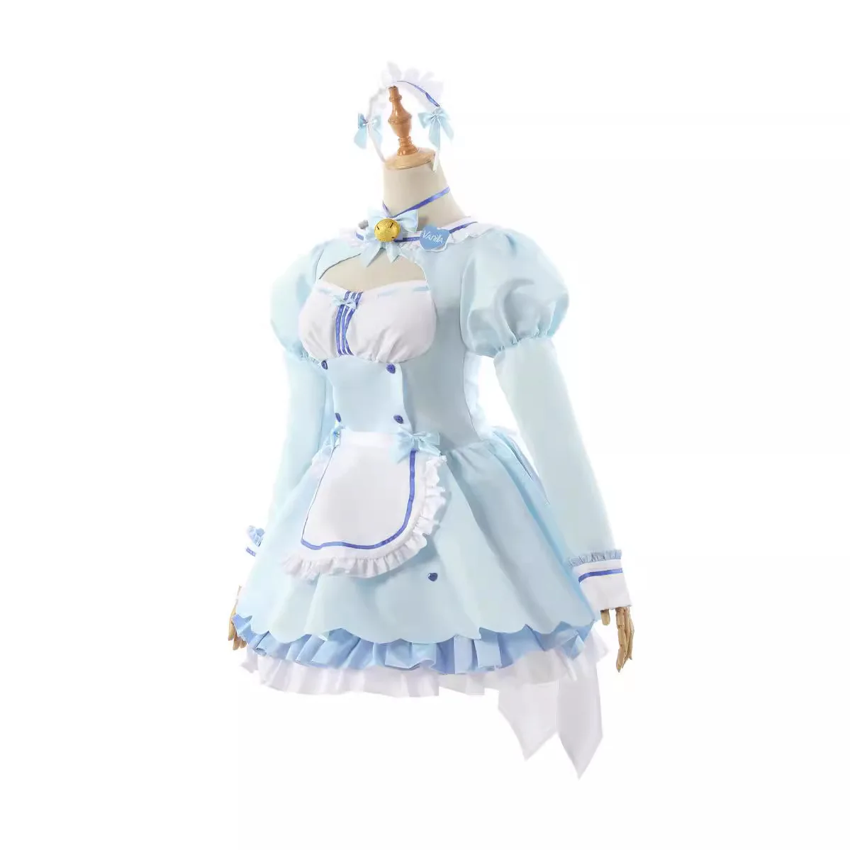 Nekopara Vanilla Light Blue Maid Cosplay Costume Full Set Wig Bell Choker Headband Cat Tail Women Anime Fancy Dress Outfit view 3