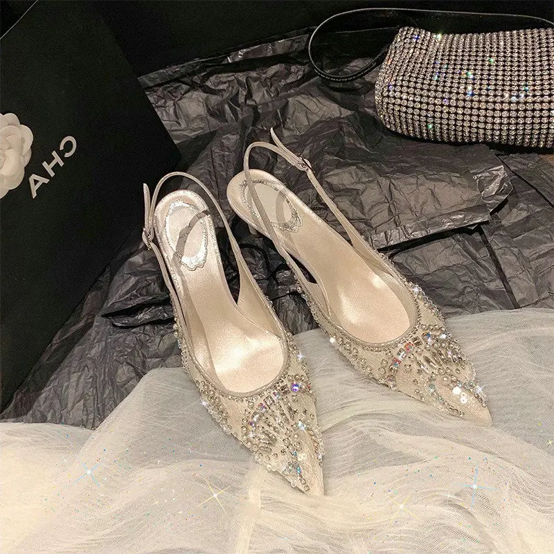 2024 Lace High Heels Fairy French Single Shoe Rhinestone Pearl Baotou Sandals Pearl Back Empty Stiletto High Heels Wedding Shoes