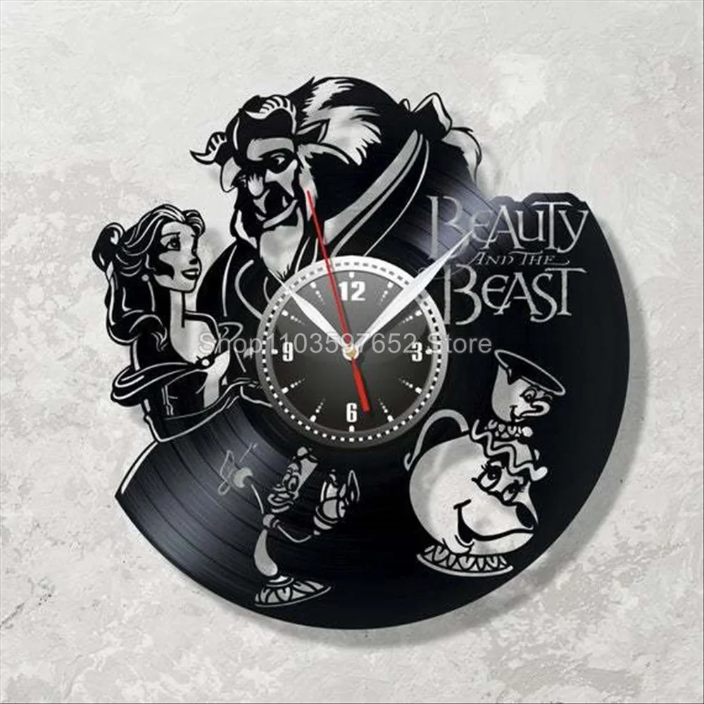 Beauty and The Beast Wall Clock Cartoon Anime Black Vinyl Record Wall Clocks Creative Wall Home Decor 12inch