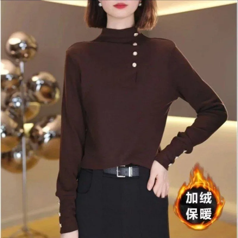 

Design Simple and Fashionable and Versatile Long-sleeved T-shirt New Winter Plush Warm Base Shirt with Ladies' Temperament