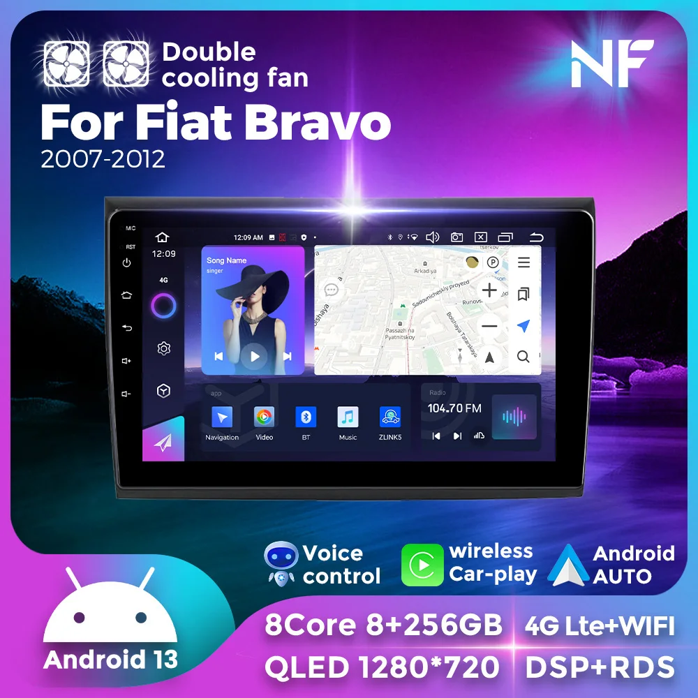 

QLED Screen Car Stereo Android 13 for Fiat Bravo 198 2 II 2007 - 2014 Carplay Automotive Multimedia Player GPS Navigation MAP FM
